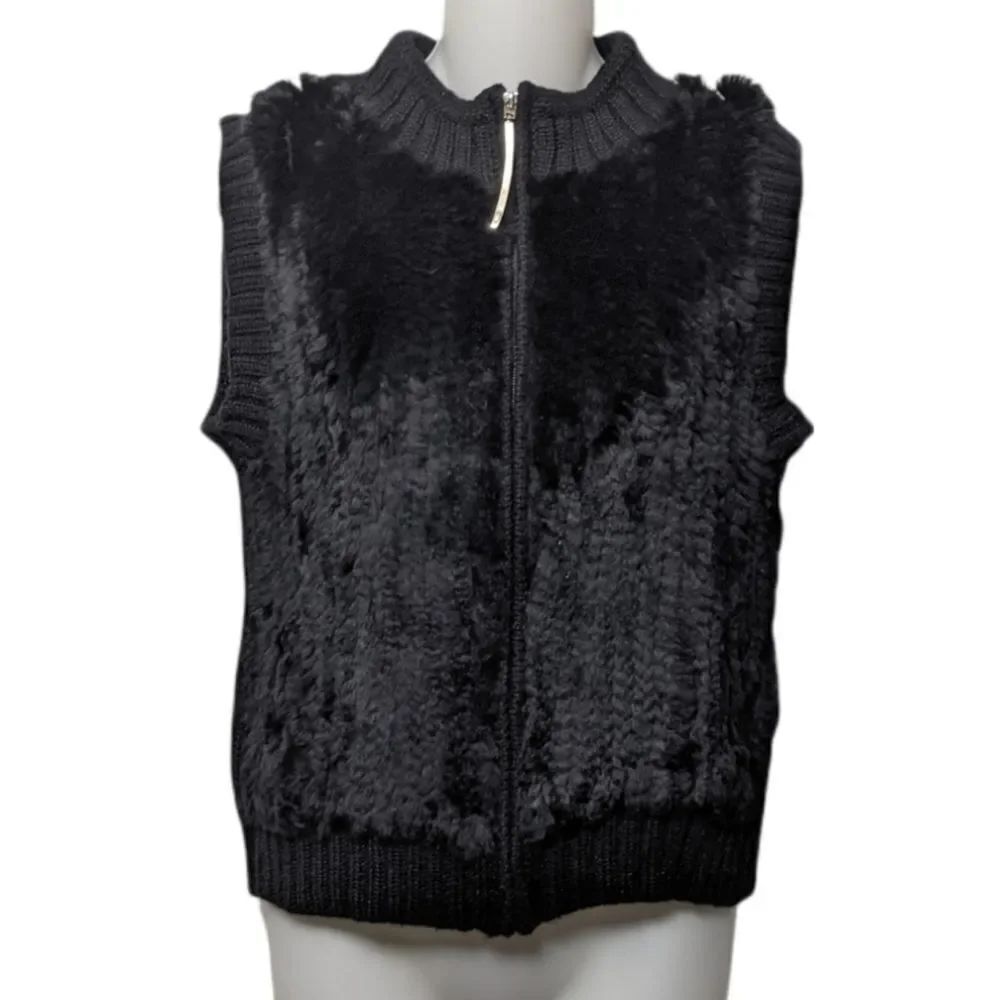 CABO Rabbit Fur Wool Minimalist Zip Front Vest L